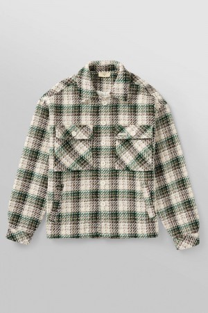 YoungLA 519 , Woven Flannel Jackets Off-White / Green | UK0461-597