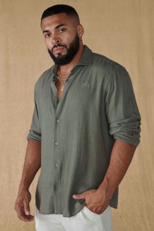 YoungLA 825 , Simply Linen Shirts Olive Green | IG8692-530