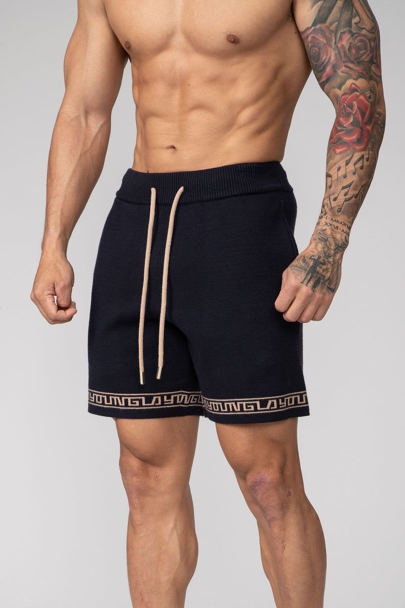 YoungLA 116 Hieroglyphic Knitted Shorts Navy | QU5829-403